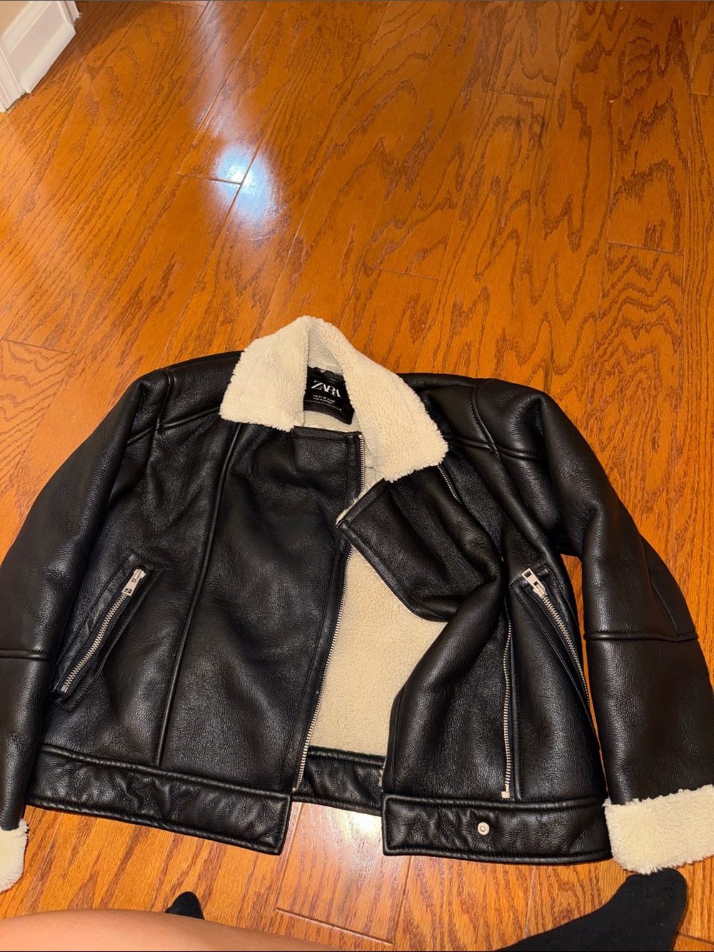 Zara girls Black Faux Leather Jacket with Cream Sherpa Collar